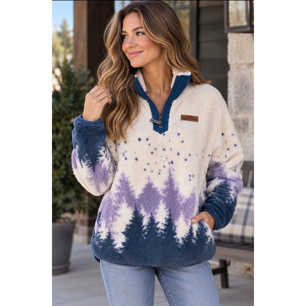 Simply Southern Womens  Sherpa Fleece Pullover Blue Forest Trees Quarter Zip L